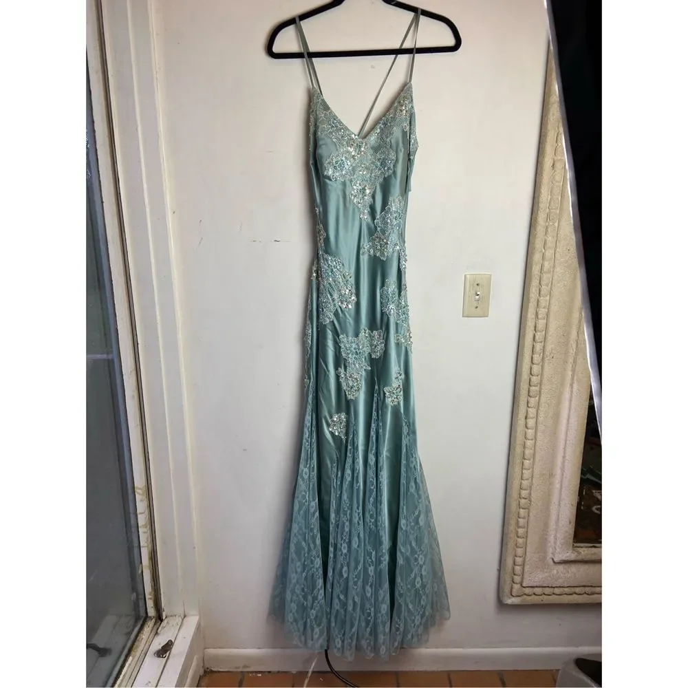 Vintage Cache Silk Gown Beaded Lace Sequin Gemstone Slinky Low Back Dress - SZ 8 - Picture 12 of 12